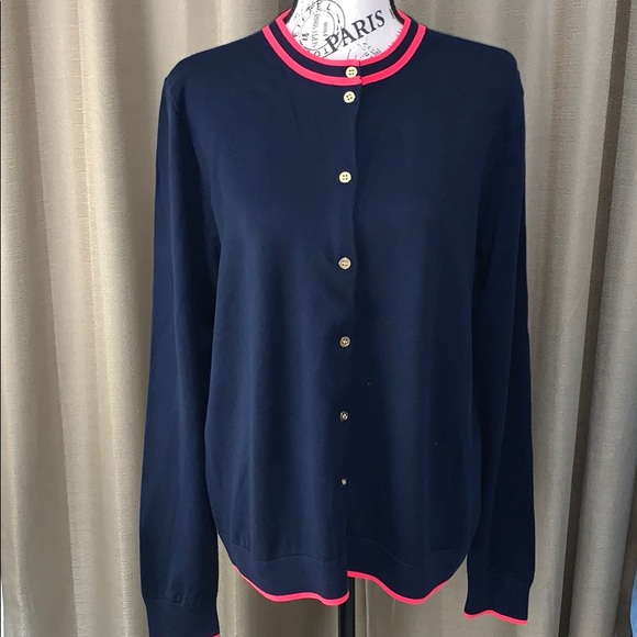 J. Crew Sweaters - J. Crew Navy & Pink Trim Button Down Cardigan XL